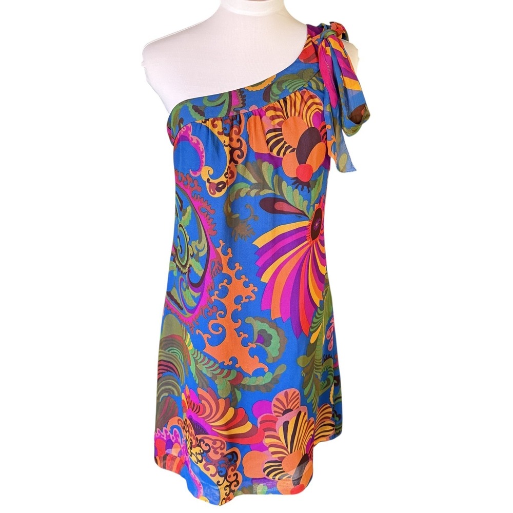 Trina Turk x‎ Banana Republic Size 4 Coachella One Shoulder Colorful Silk Dress